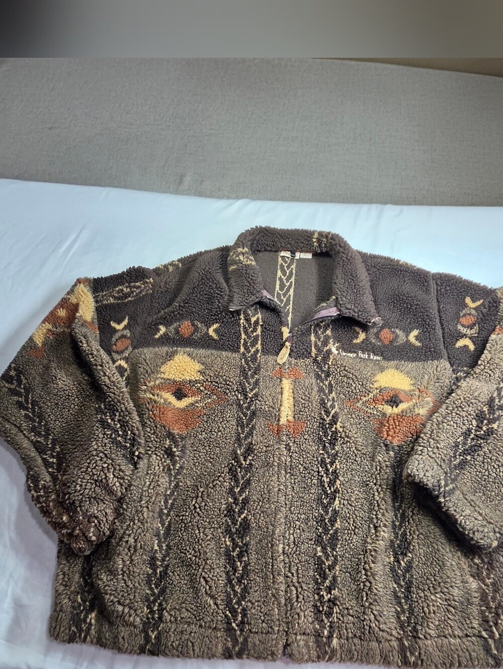 Vtg Woolrich Aztec Sherpa Fleece Jacket Mens 2XL USA Made Vermejo Park Ranch Elk